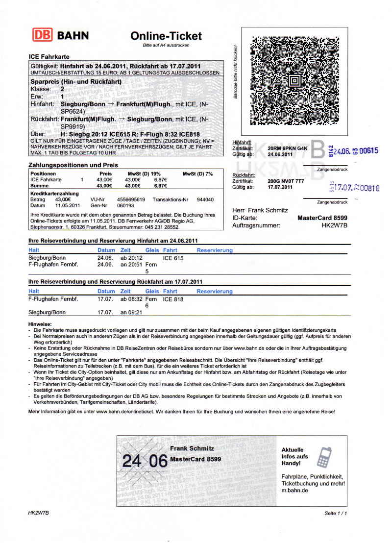 Urlaub Sommer 2011 0 Bahnticket