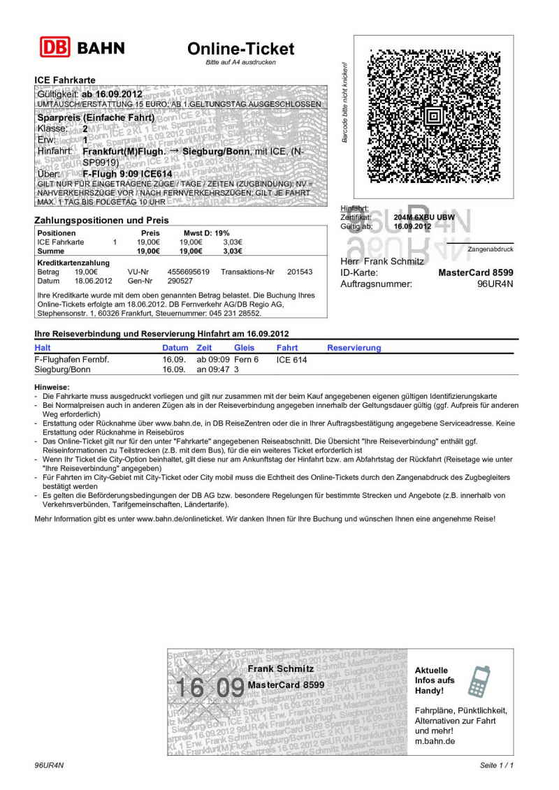 Urlaub Sommer 2012 1 Bahnticket zur�ck